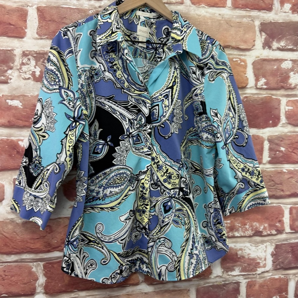 Chicos Shirt Women's Large Blue Multicolor Boho Floral No Iron Casual Career Top - Picture 2 of 8
